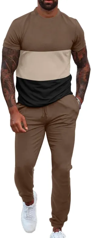 UOUA Mens 2 Piece Sweatsuits Outfits Short Sleeve Pullover Loungewear & Joggers Sweatpants Summer Casual Track Suits Set