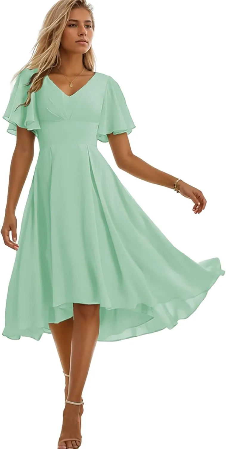 V Neck Bridesmaid Dresses for Women Tea Length Formal Dress High Low Evening Gown with Sleeves