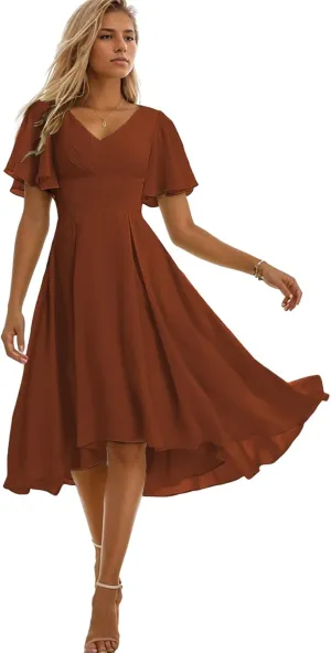 V Neck Bridesmaid Dresses for Women Tea Length Formal Dress High Low Evening Gown with Sleeves