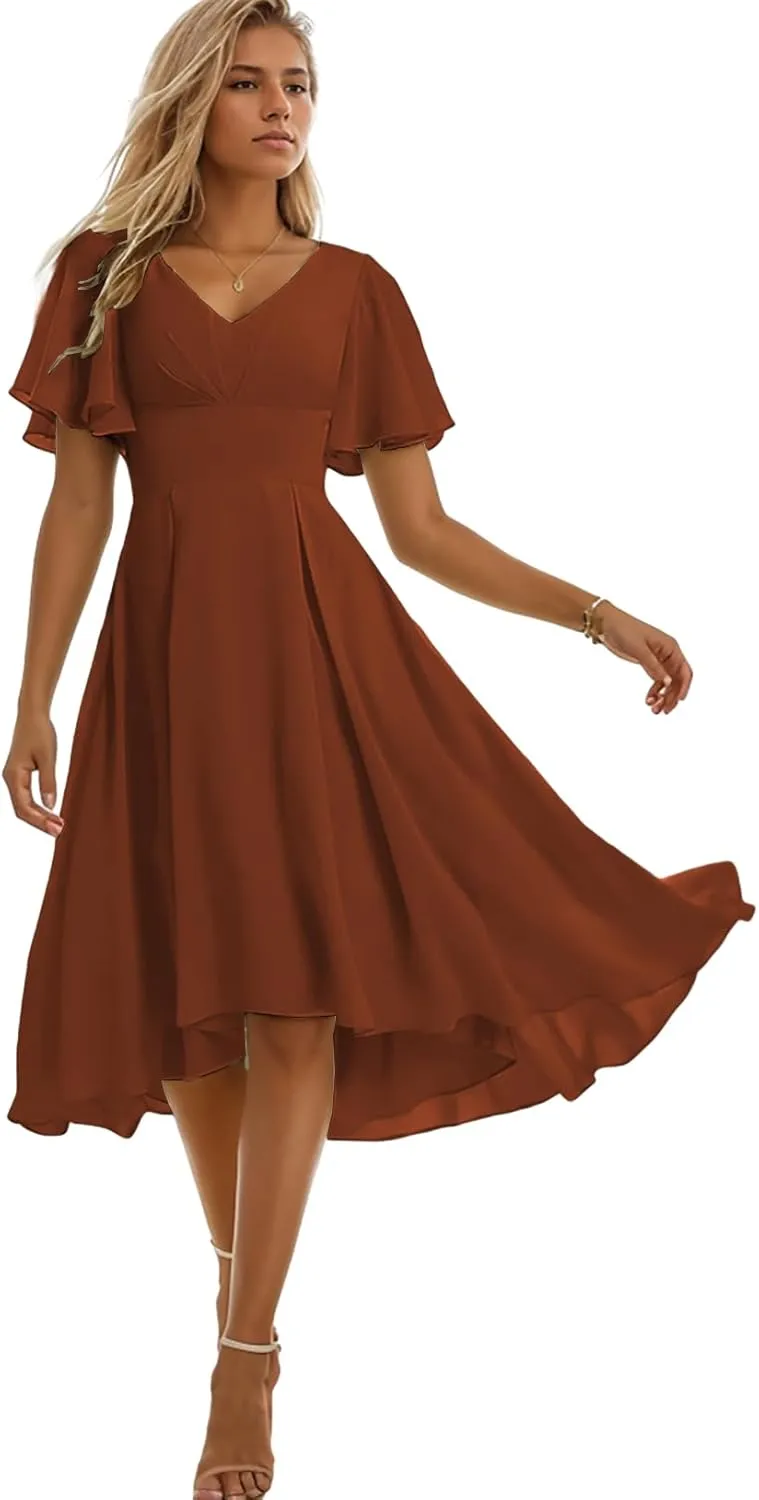 V Neck Bridesmaid Dresses for Women Tea Length Formal Dress High Low Evening Gown with Sleeves