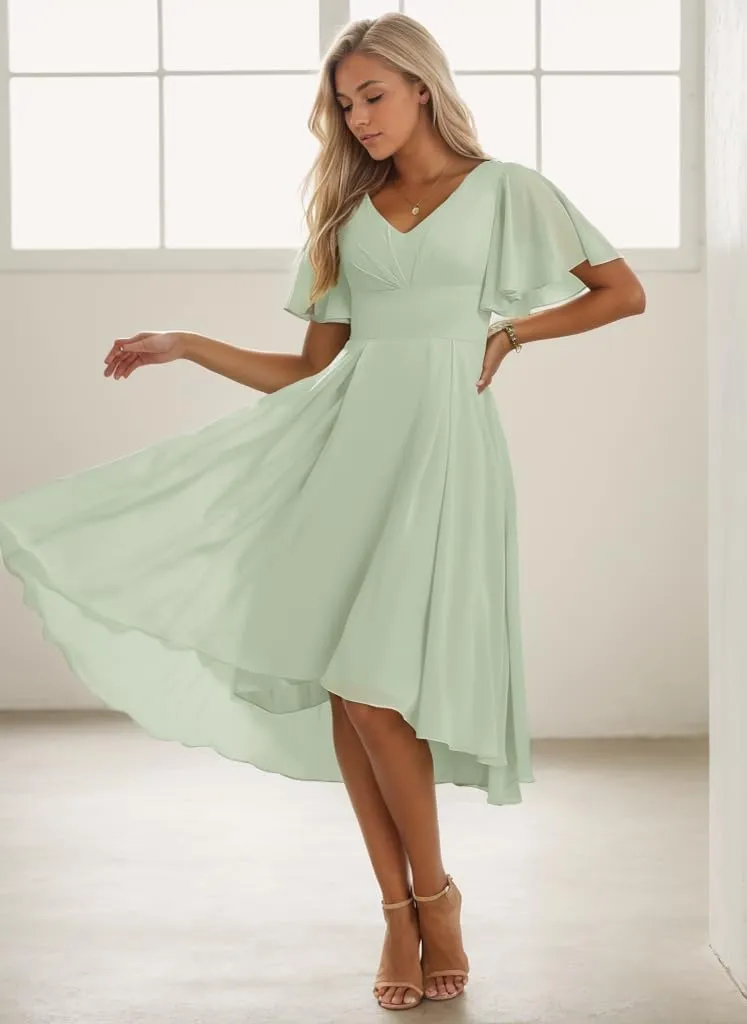 V Neck Bridesmaid Dresses for Women Tea Length Formal Dress High Low Evening Gown with Sleeves