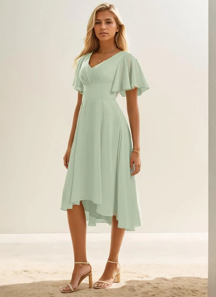 V Neck Bridesmaid Dresses for Women Tea Length Formal Dress High Low Evening Gown with Sleeves