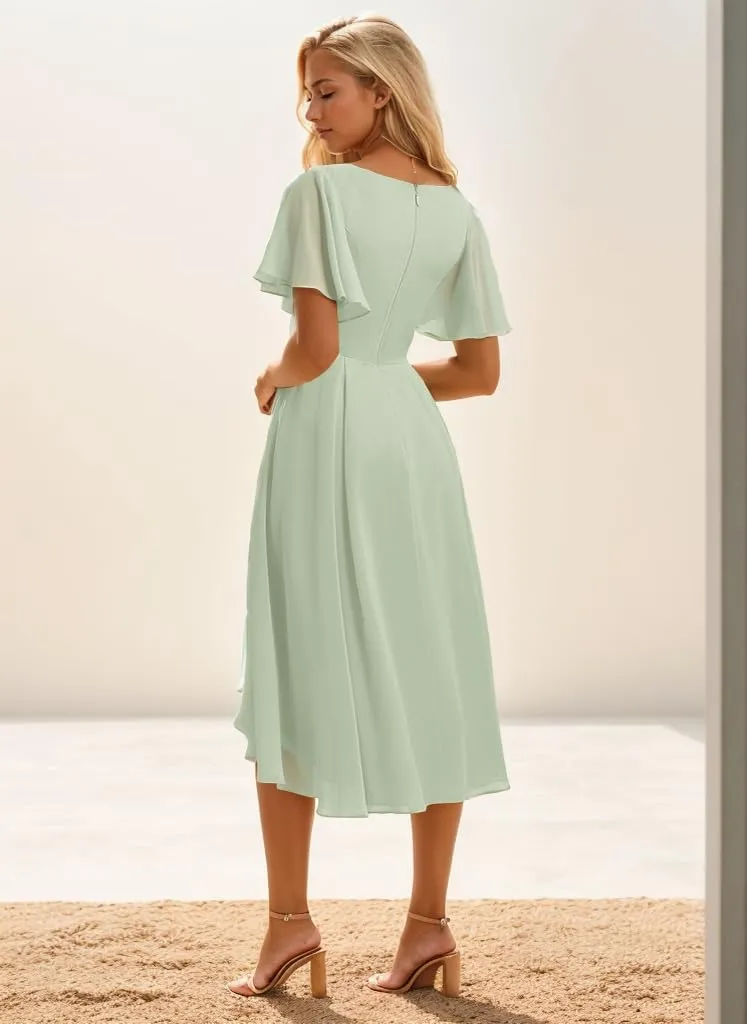 V Neck Bridesmaid Dresses for Women Tea Length Formal Dress High Low Evening Gown with Sleeves