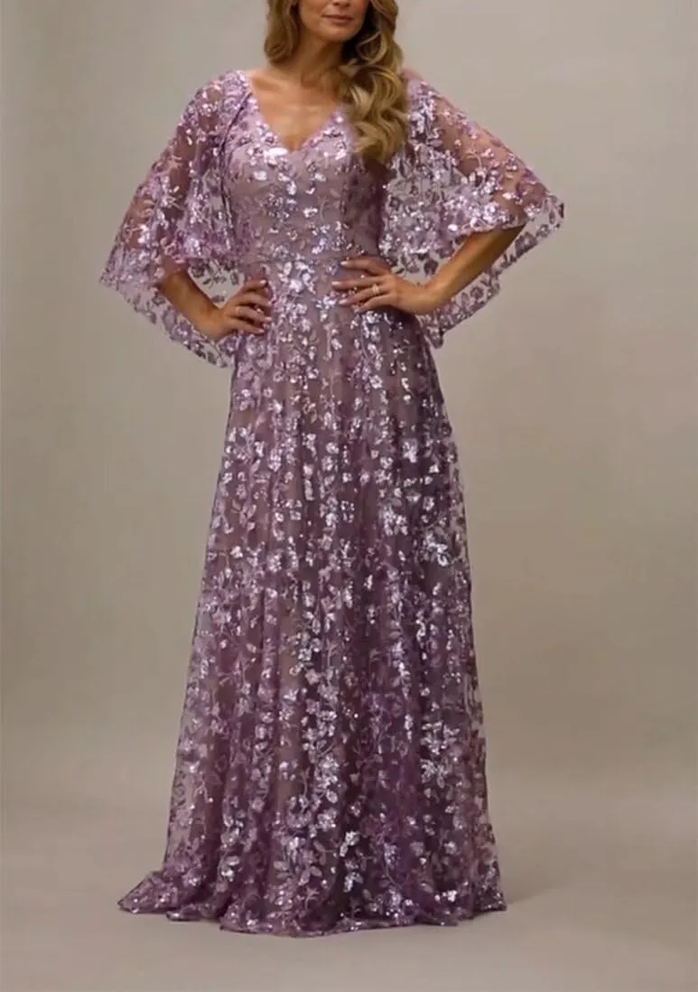 V-Neck Mother of Bride Dresses with Cape Laces Tulle Mother of The Groom Dress Flowy Formal Evening Gowns with Shawl