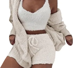 Vakkest Women's Sexy 3 Piece Pajamas Outfit Fuzzy Fleece Warm Sherpa Coat Jacket Outwear Spaghetti Strap Crop Top Shorts Set