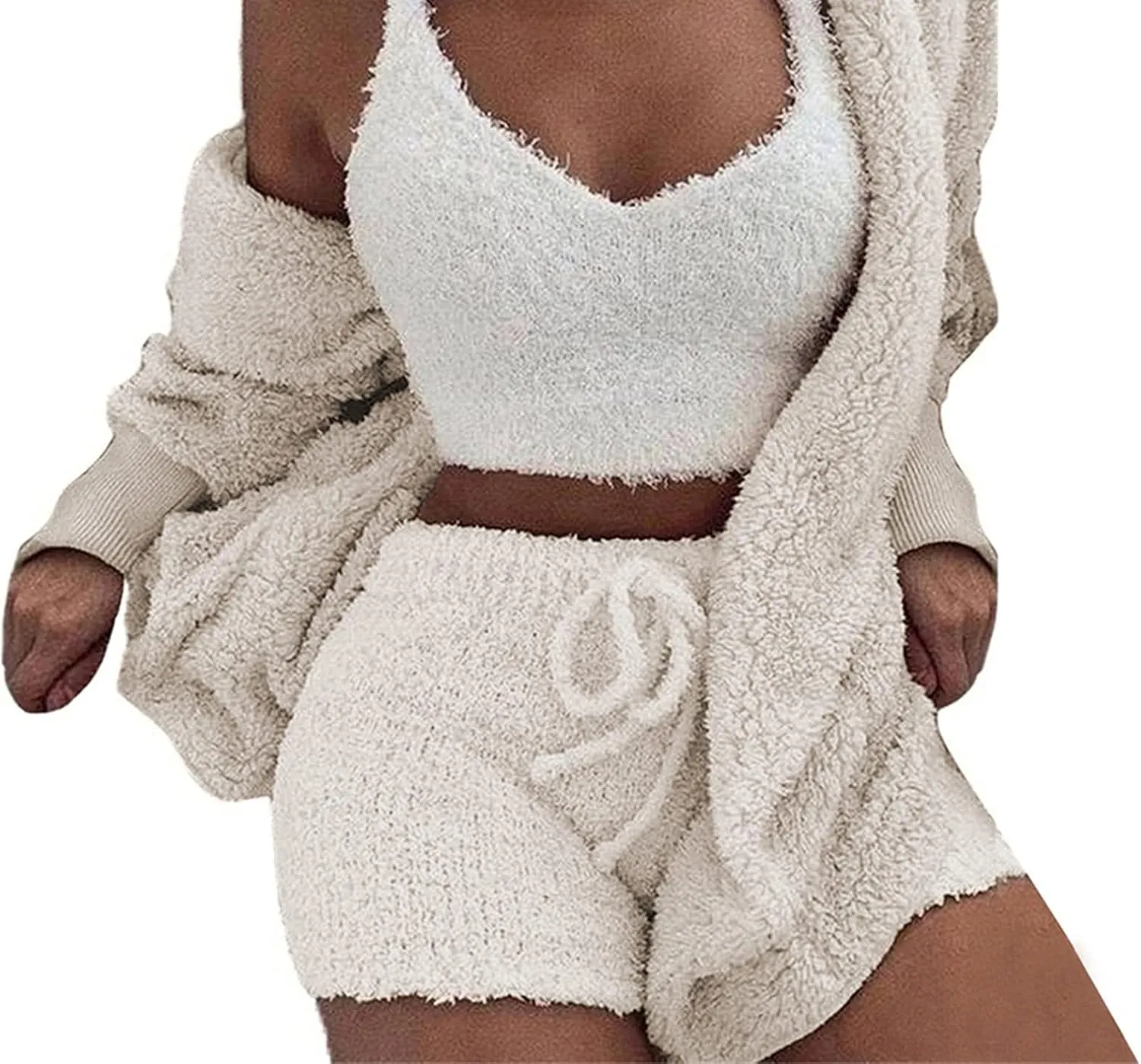 Vakkest Women's Sexy 3 Piece Pajamas Outfit Fuzzy Fleece Warm Sherpa Coat Jacket Outwear Spaghetti Strap Crop Top Shorts Set
