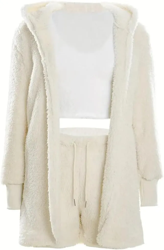 Vakkest Women's Sexy 3 Piece Pajamas Outfit Fuzzy Fleece Warm Sherpa Coat Jacket Outwear Spaghetti Strap Crop Top Shorts Set