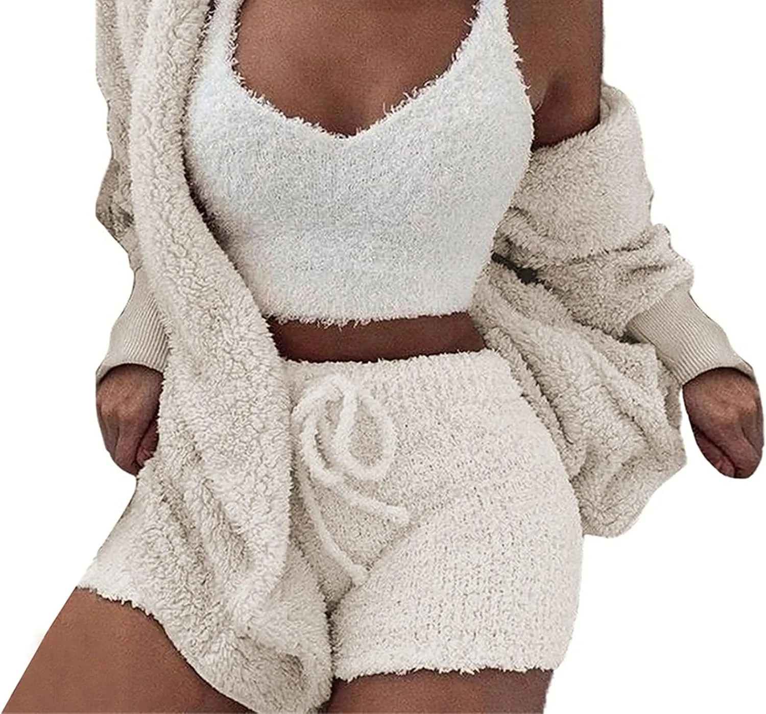 Vakkest Women's Sexy 3 Piece Pajamas Outfit Fuzzy Fleece Warm Sherpa Coat Jacket Outwear Spaghetti Strap Crop Top Shorts Set