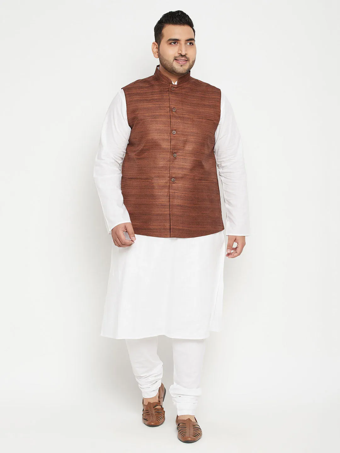 VASTRAMAY Men's White and Brown Kurta Set