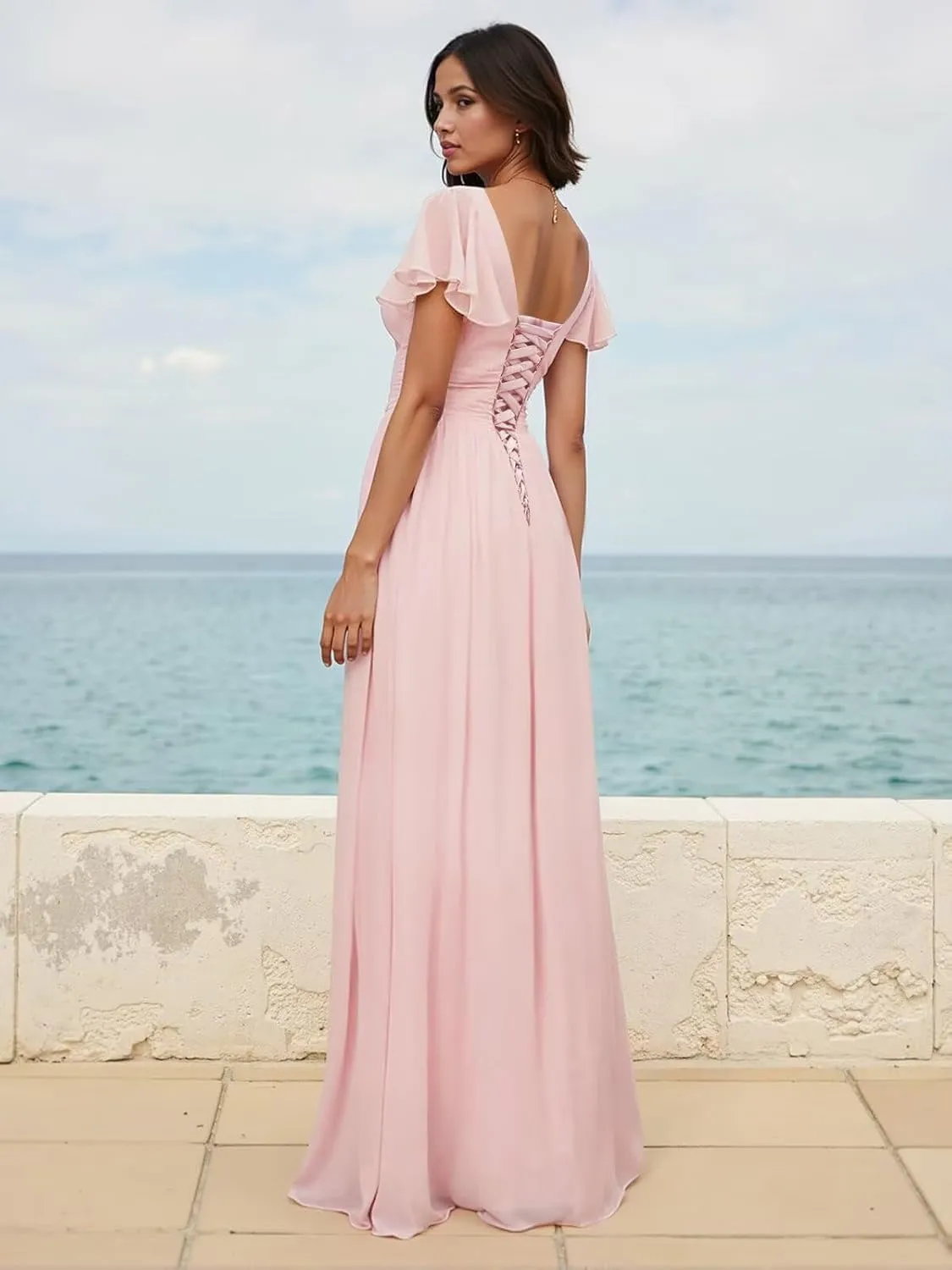 VCCICANY Chiffon Bridesmaid Dresses for Women Flutter Short Sleeves V Neck Long Formal Evening Dresses with Slit