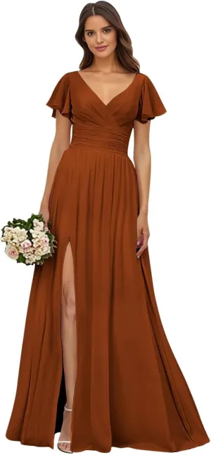 VCCICANY Chiffon Bridesmaid Dresses for Women Flutter Short Sleeves V Neck Long Formal Evening Dresses with Slit