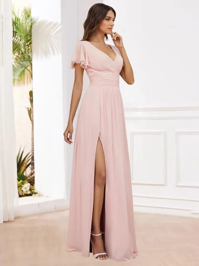 VCCICANY Chiffon Bridesmaid Dresses for Women Flutter Short Sleeves V Neck Long Formal Evening Dresses with Slit