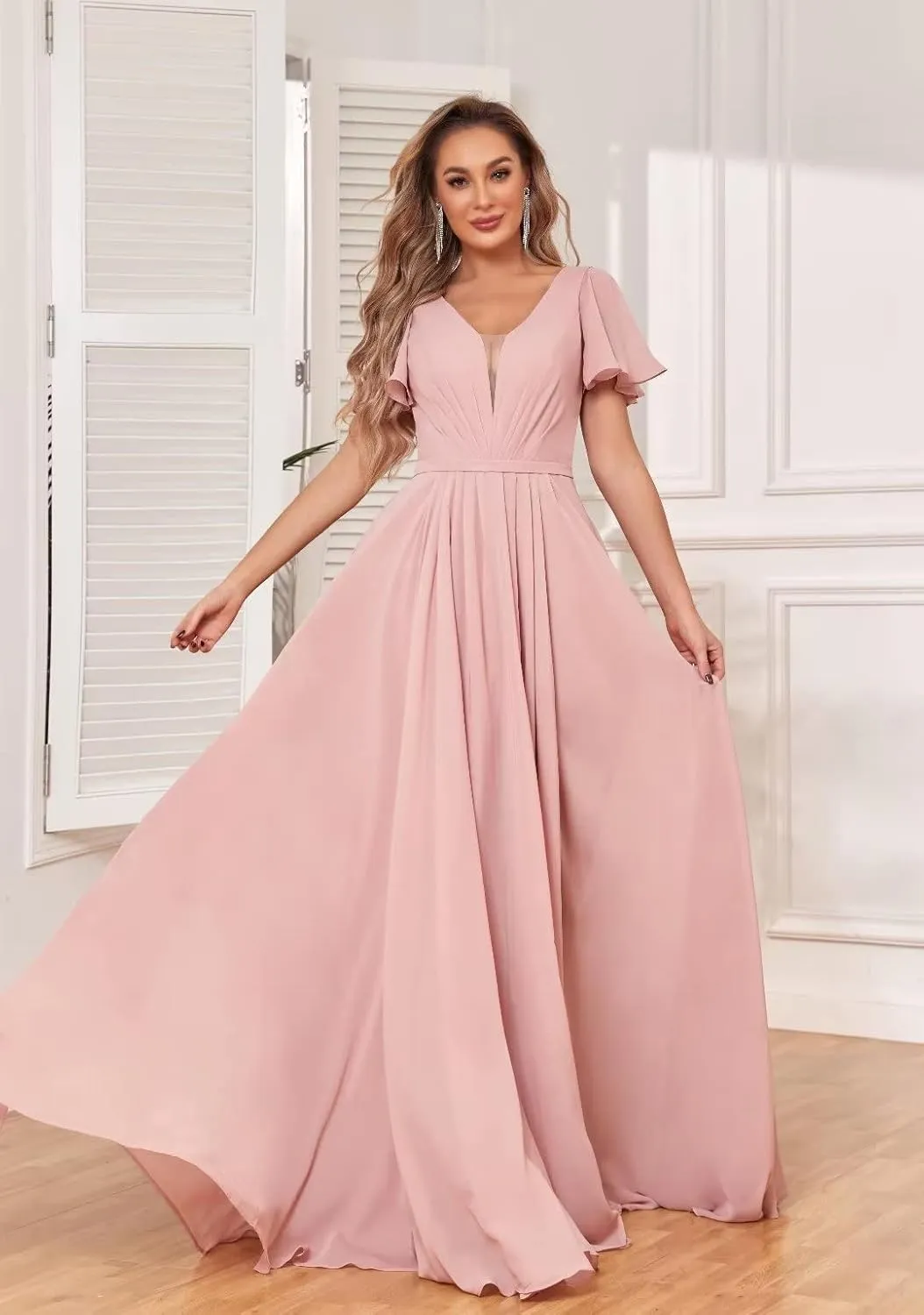 VCCICANY Chiffon Bridesmaid Dresses for Women Flutter Short Sleeves V Neck Long Formal Evening Dresses with Slit