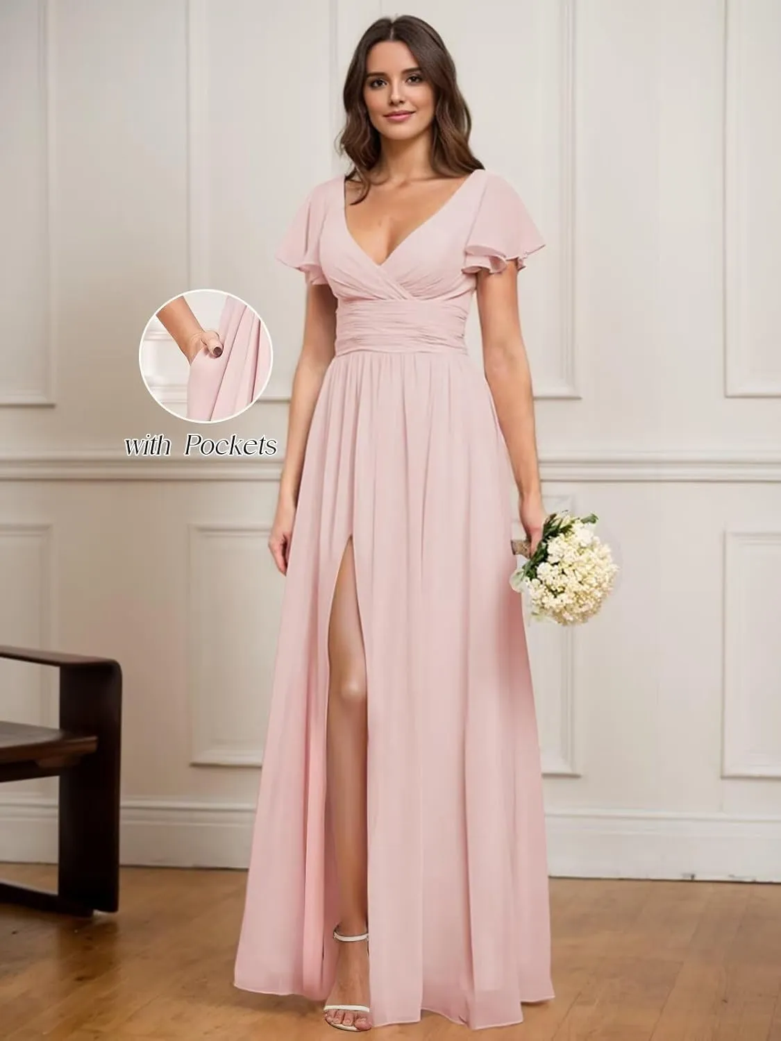 VCCICANY Chiffon Bridesmaid Dresses for Women Flutter Short Sleeves V Neck Long Formal Evening Dresses with Slit