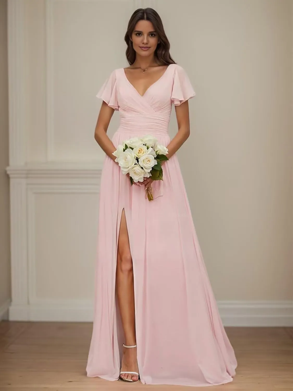VCCICANY Chiffon Bridesmaid Dresses for Women Flutter Short Sleeves V Neck Long Formal Evening Dresses with Slit