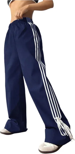 Verdusa Women's Loose Wide Leg Pants Tie Side Striped Elastic Waist Trousers