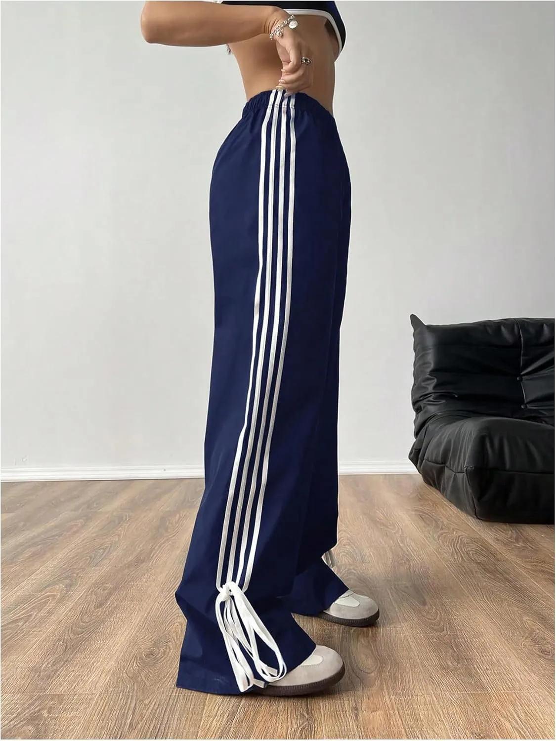 Verdusa Women's Loose Wide Leg Pants Tie Side Striped Elastic Waist Trousers