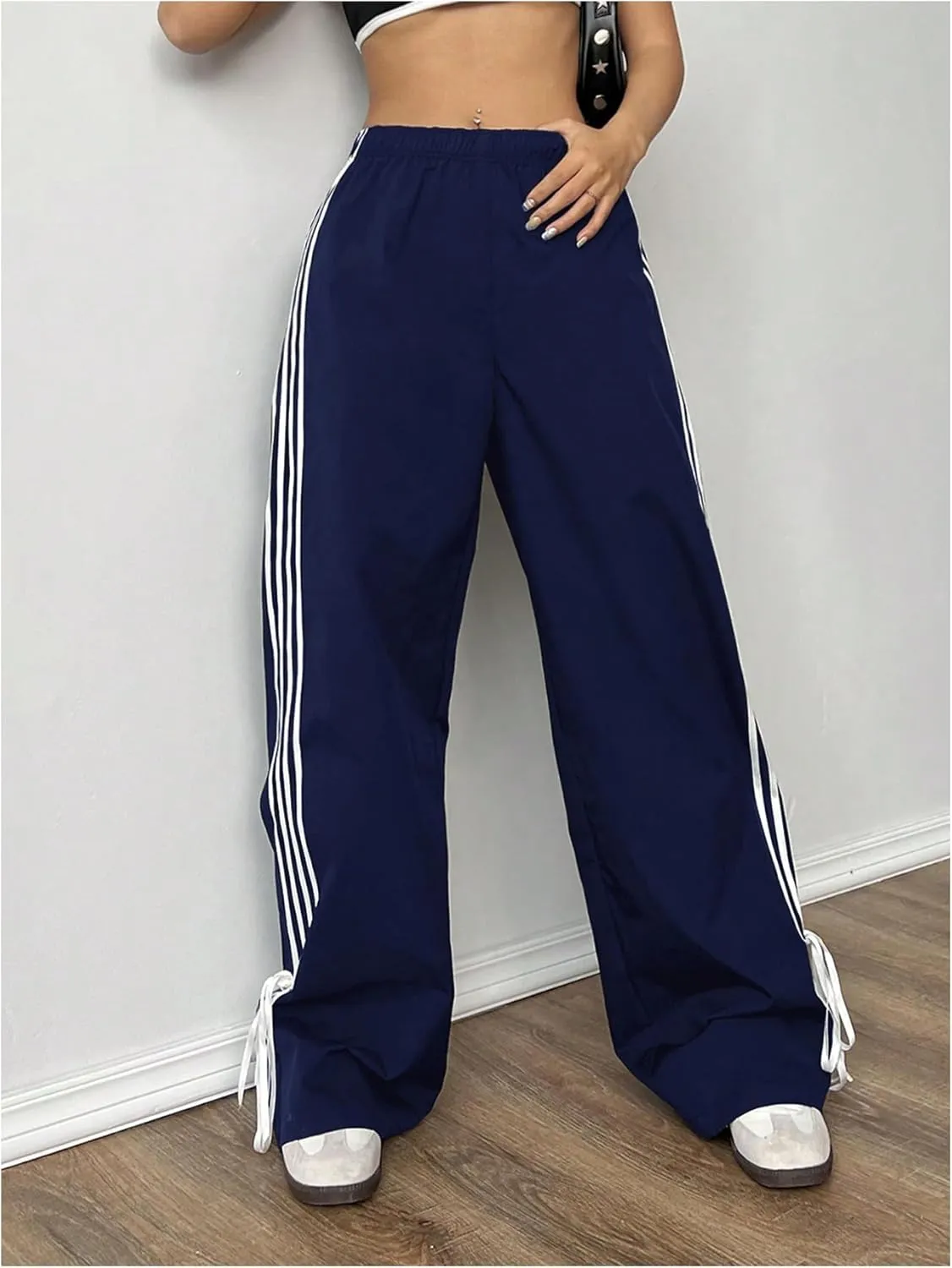 Verdusa Women's Loose Wide Leg Pants Tie Side Striped Elastic Waist Trousers