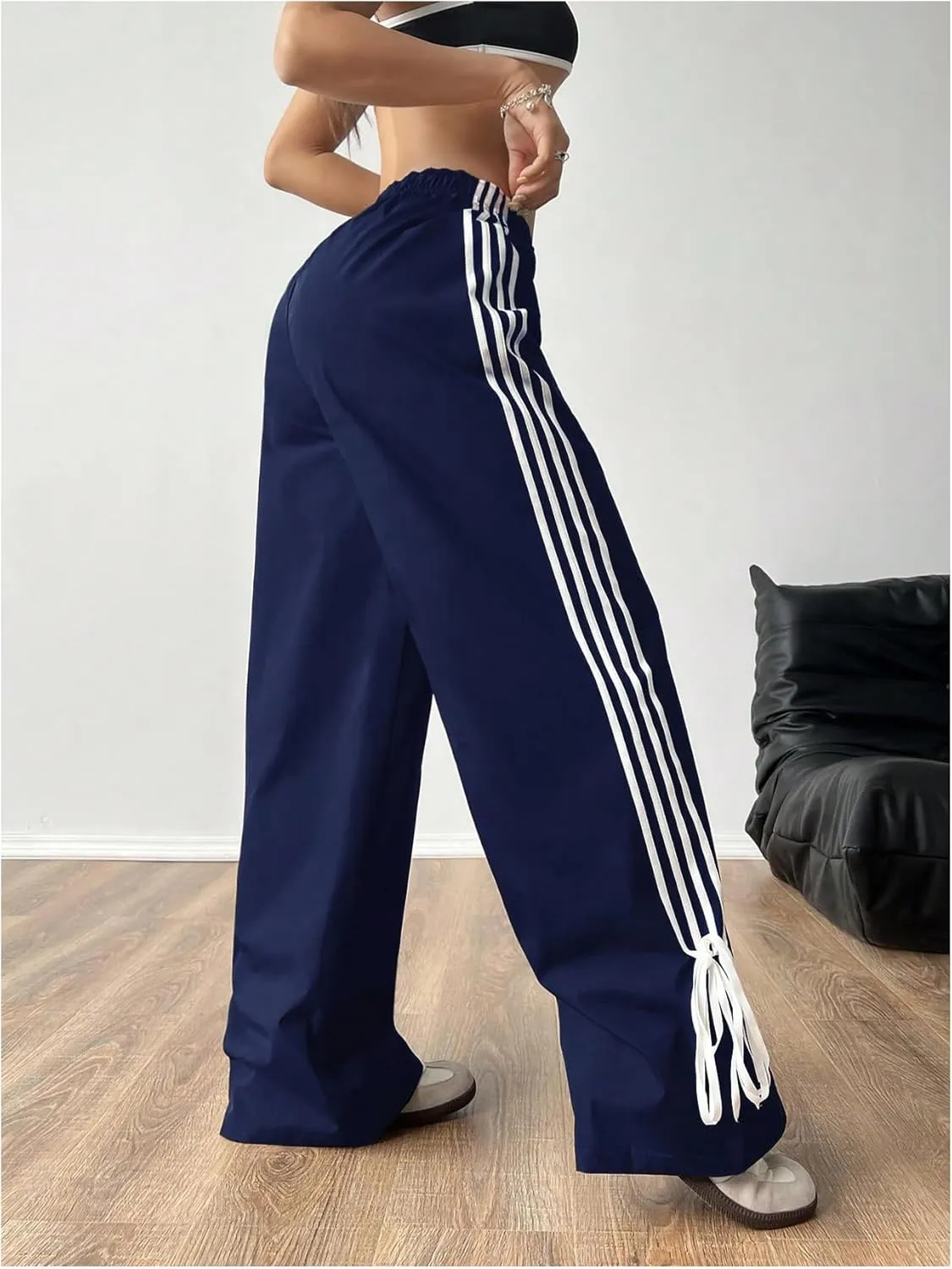 Verdusa Women's Loose Wide Leg Pants Tie Side Striped Elastic Waist Trousers