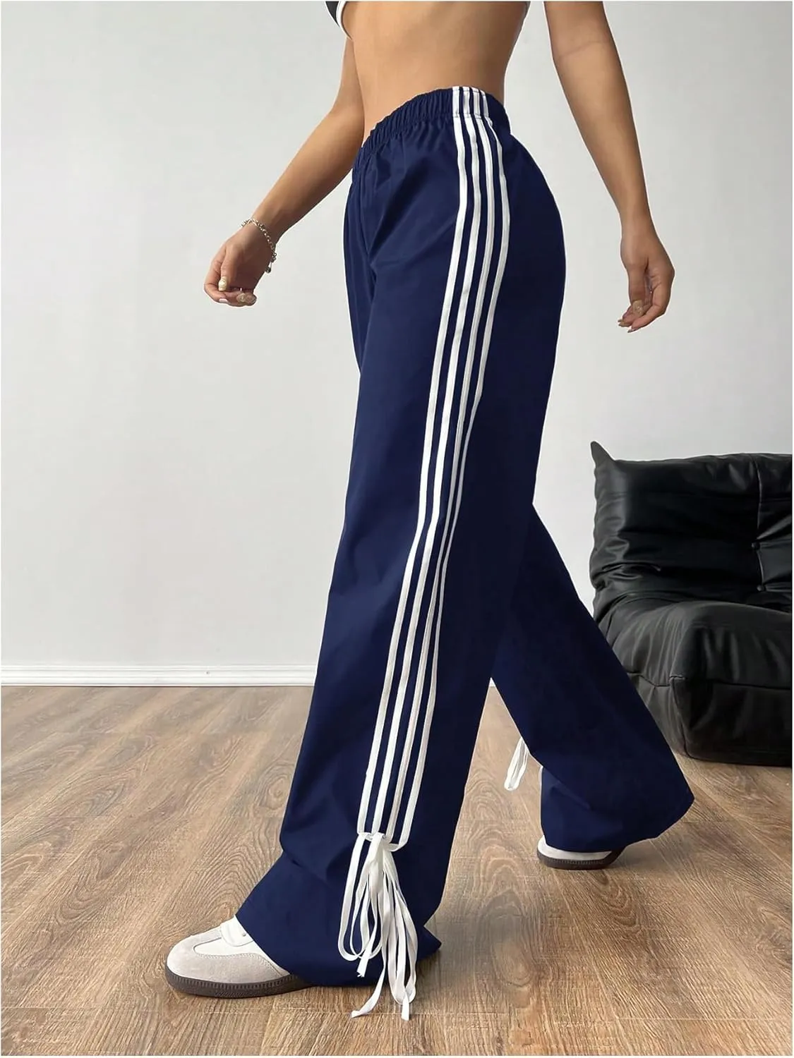 Verdusa Women's Loose Wide Leg Pants Tie Side Striped Elastic Waist Trousers