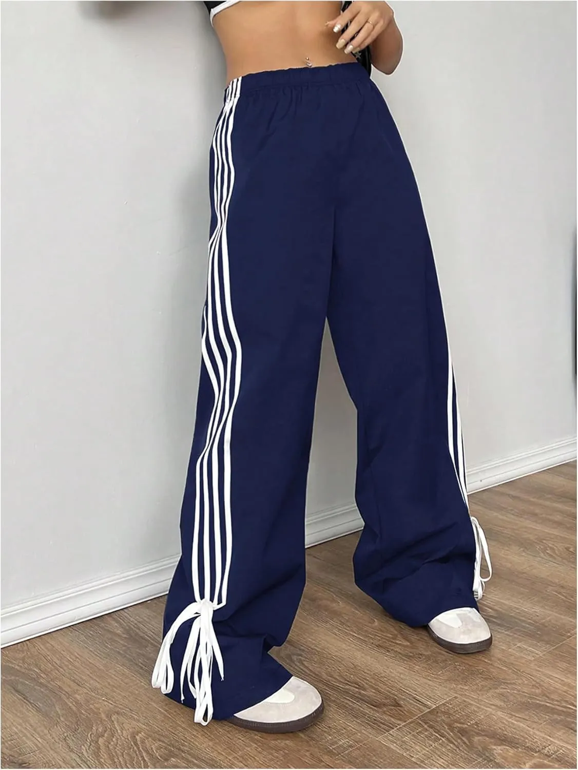 Verdusa Women's Loose Wide Leg Pants Tie Side Striped Elastic Waist Trousers