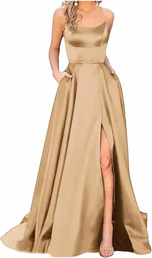 Wedding Guest Dresses for Women Spaghetti Strap Satin Backless Side Slit Long Prom Dress with Pockets Party Midi Dress