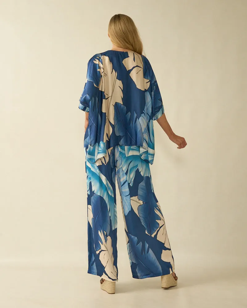 Wide Leg Satin Floral Trousers - Navy & Cream