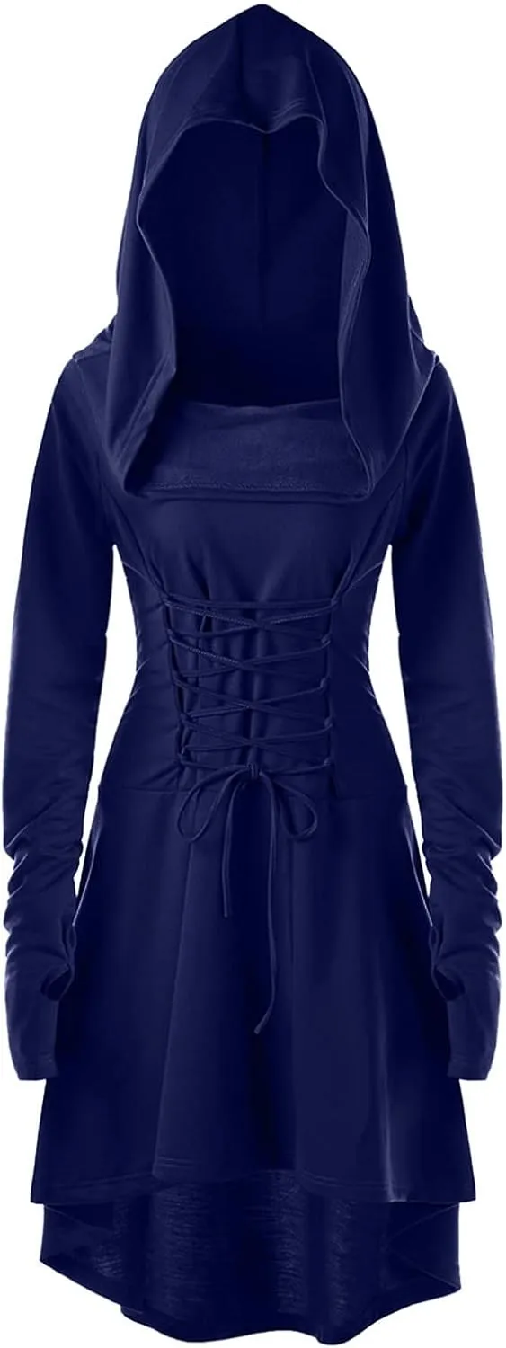 Wkishenl Womens Gothic Dress with Hood Long Sleeve Lace Up Steampunk Clothing Retro Medieval Hooded Cloak Halloween Costumes