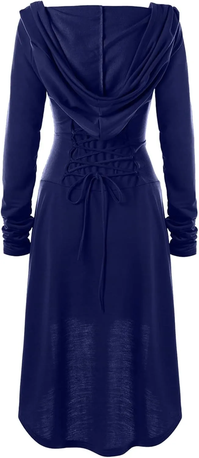 Wkishenl Womens Gothic Dress with Hood Long Sleeve Lace Up Steampunk Clothing Retro Medieval Hooded Cloak Halloween Costumes