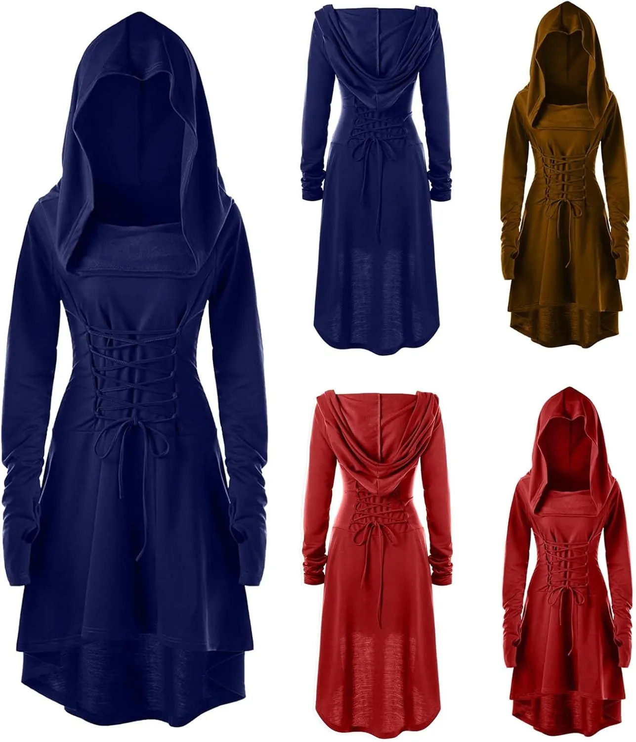 Wkishenl Womens Gothic Dress with Hood Long Sleeve Lace Up Steampunk Clothing Retro Medieval Hooded Cloak Halloween Costumes