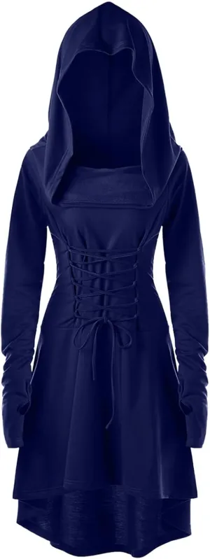 Wkishenl Womens Gothic Dress with Hood Long Sleeve Lace Up Steampunk Clothing Retro Medieval Hooded Cloak Halloween Costumes
