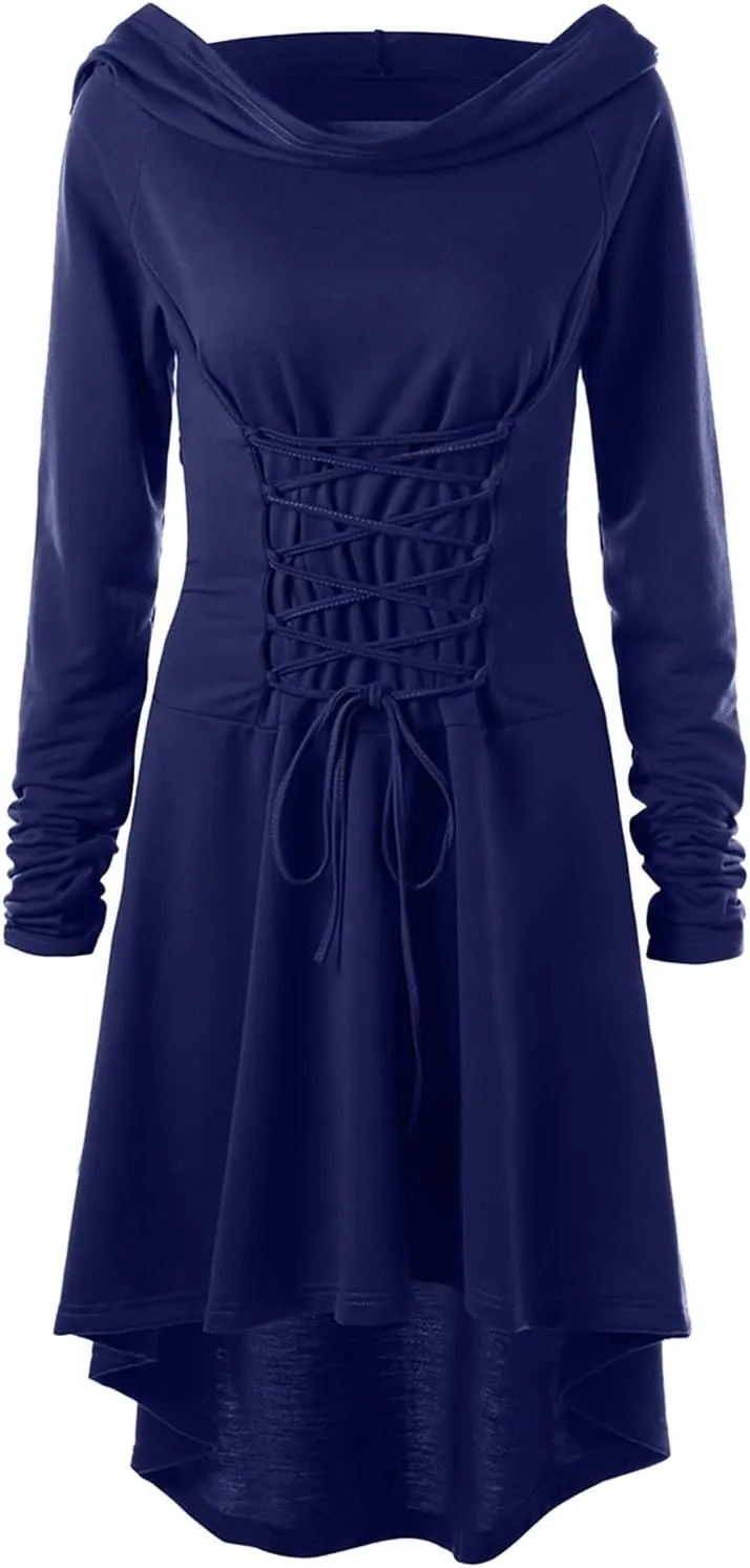 Wkishenl Womens Gothic Dress with Hood Long Sleeve Lace Up Steampunk Clothing Retro Medieval Hooded Cloak Halloween Costumes