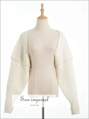 Women Beige Chunky Fine Knit Rib Cape Batwing Sleeve Crop Open Stitch Knit top