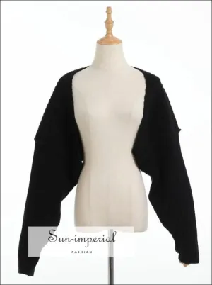 Women Black Chunky Fine Knit Rib Cape Batwing Sleeve Crop Open Stitch Knit top