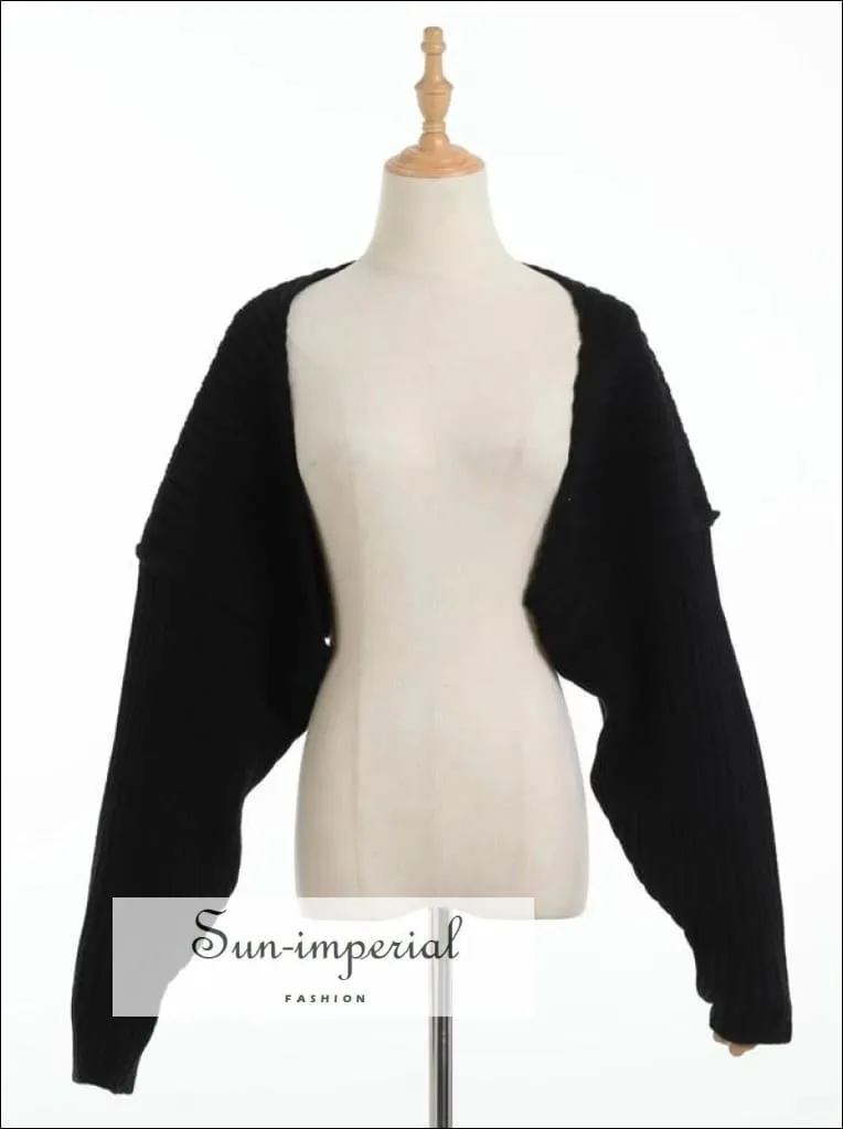 Women Black Chunky Fine Knit Rib Cape Batwing Sleeve Crop Open Stitch Knit top