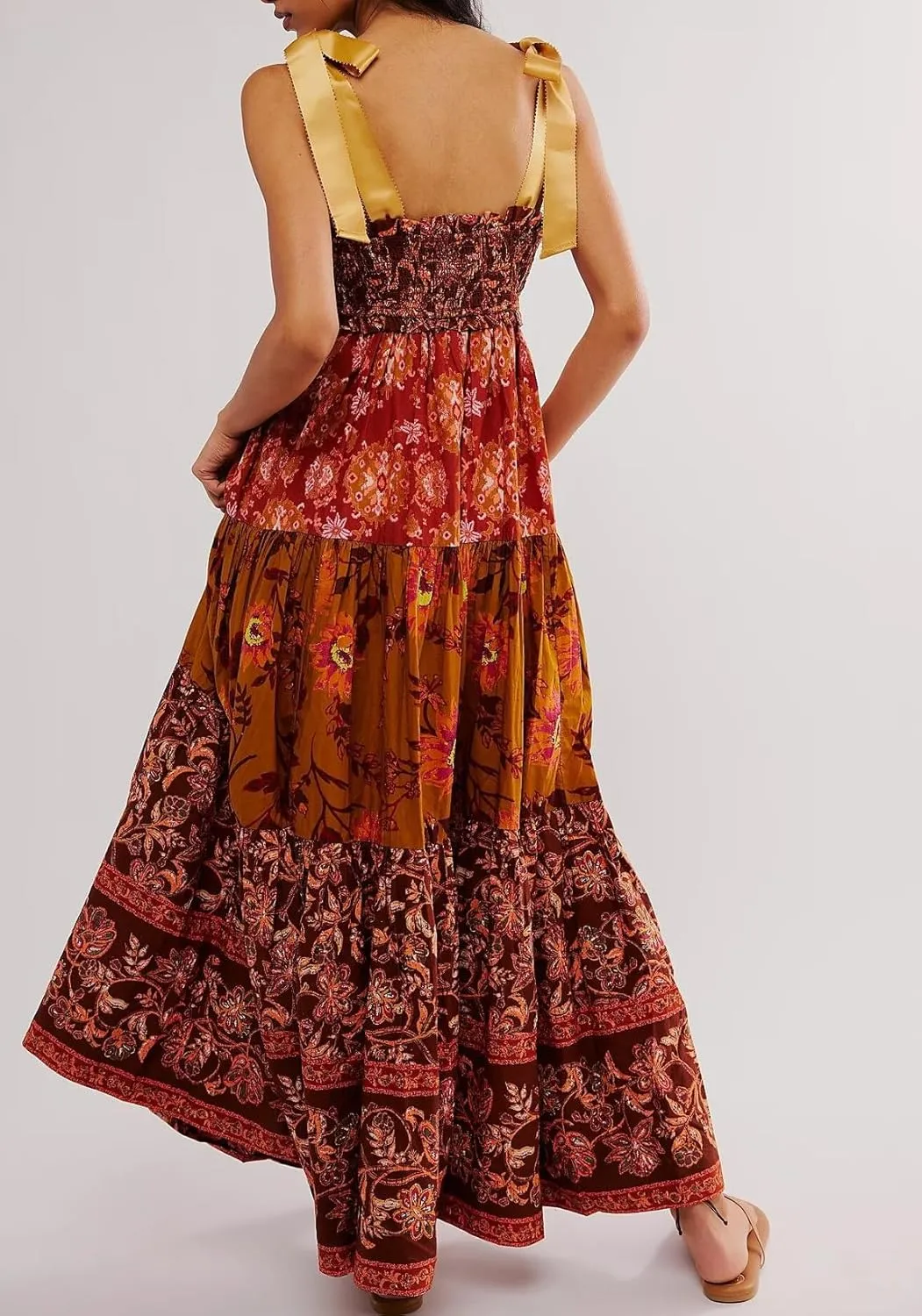 Women Boho Floral Maxi Dress Y2k Spaghetti Strap Patchwork Dresses Flowy Long Dresses Summer Tiered Beach Sundress