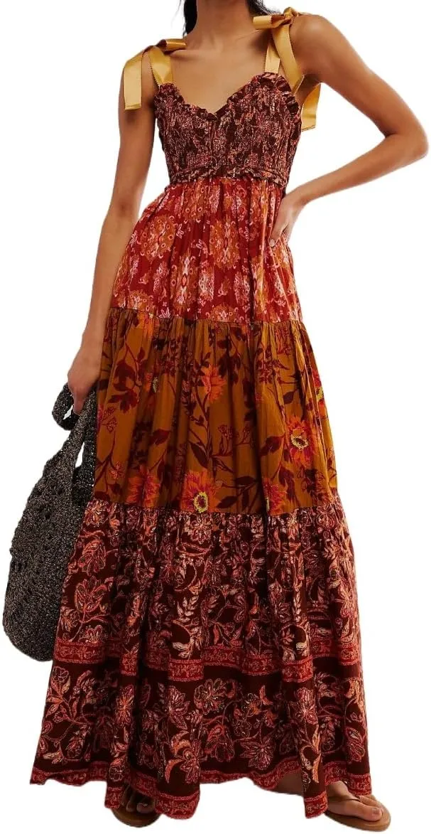 Women Boho Floral Maxi Dress Y2k Spaghetti Strap Patchwork Dresses Flowy Long Dresses Summer Tiered Beach Sundress