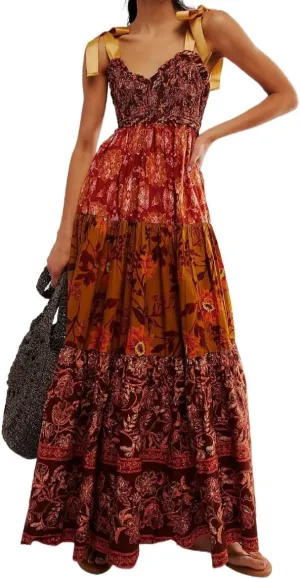 Women Boho Floral Maxi Dress Y2k Spaghetti Strap Patchwork Dresses Flowy Long Dresses Summer Tiered Beach Sundress