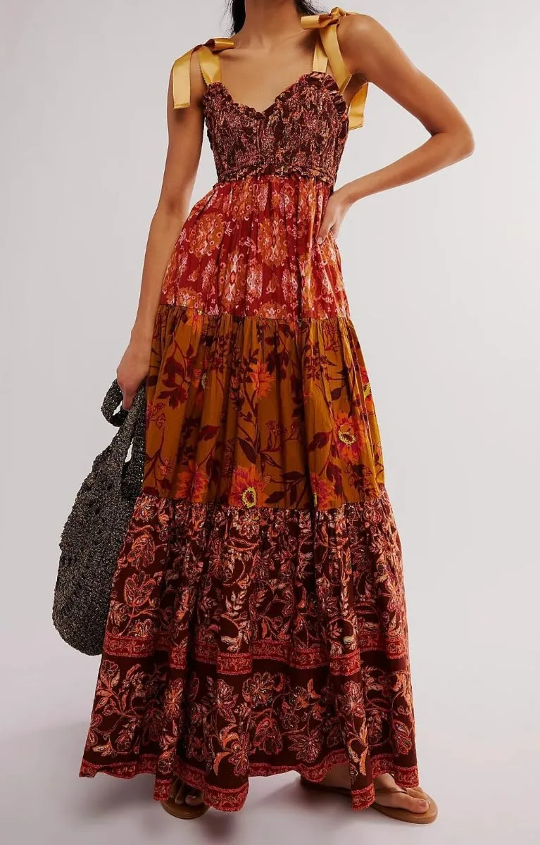 Women Boho Floral Maxi Dress Y2k Spaghetti Strap Patchwork Dresses Flowy Long Dresses Summer Tiered Beach Sundress