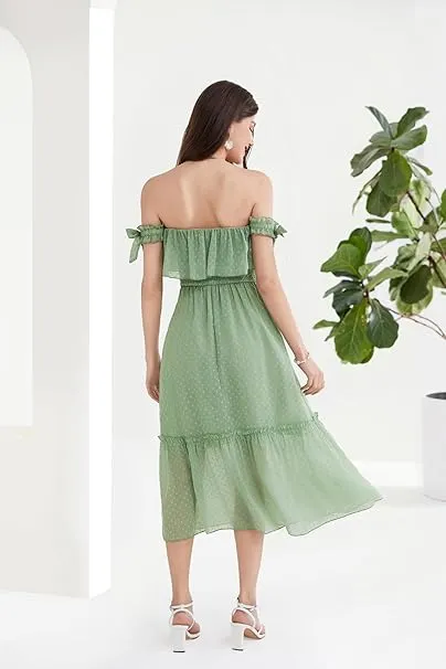 Women Green Floral Chiffon Strapless Summer Dress- M