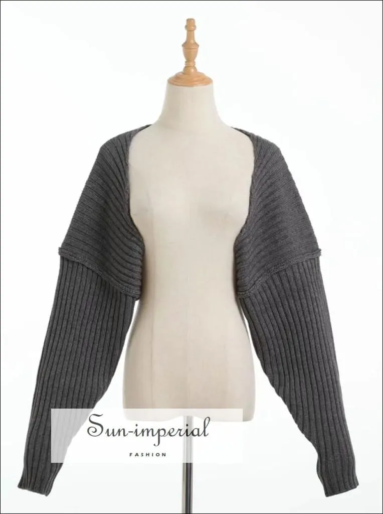 Women Grey Chunky Fine Knit Rib Cape Batwing Sleeve Crop Open Stitch Knit top