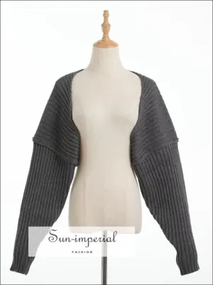 Women Grey Chunky Fine Knit Rib Cape Batwing Sleeve Crop Open Stitch Knit top