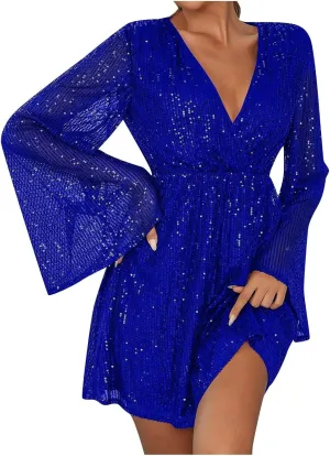 Women Long Flare Sleeve Dress Sequin Cocktail Wrap Dresses V Neck Sexy Mini Dress Elegant Glitter Evening Gowns