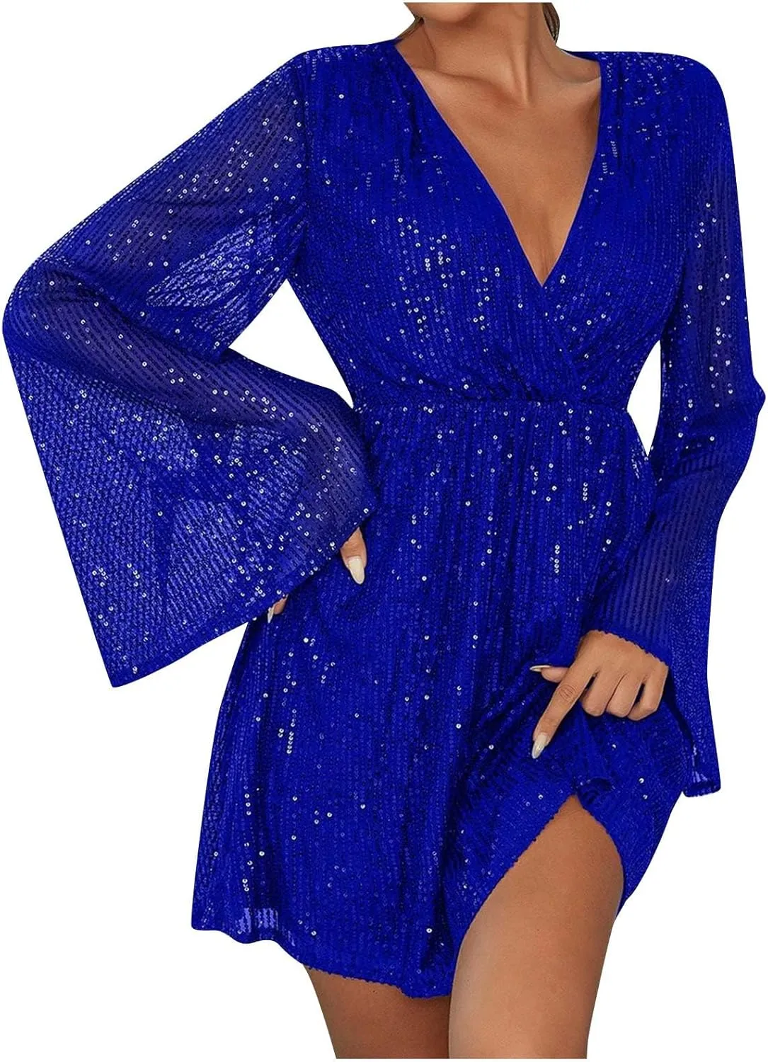Women Long Flare Sleeve Dress Sequin Cocktail Wrap Dresses V Neck Sexy Mini Dress Elegant Glitter Evening Gowns