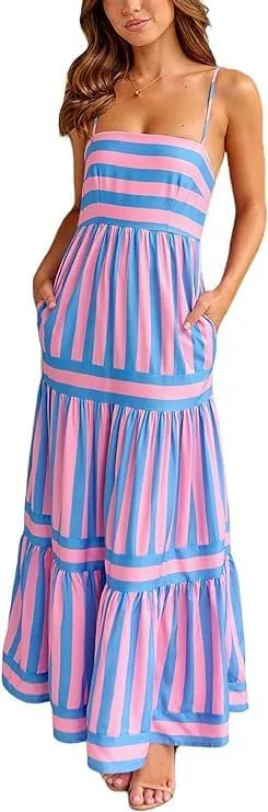 Women Striped Sleeveless Maxi Dress Spaghetti Strap Cutout Backless Long Flowy Dress Boho A Line Beach Sun Dress