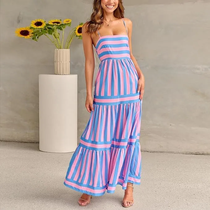 Women Striped Sleeveless Maxi Dress Spaghetti Strap Cutout Backless Long Flowy Dress Boho A Line Beach Sun Dress