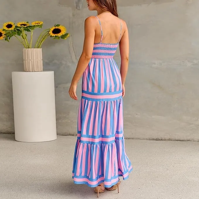 Women Striped Sleeveless Maxi Dress Spaghetti Strap Cutout Backless Long Flowy Dress Boho A Line Beach Sun Dress