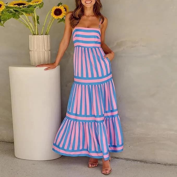Women Striped Sleeveless Maxi Dress Spaghetti Strap Cutout Backless Long Flowy Dress Boho A Line Beach Sun Dress