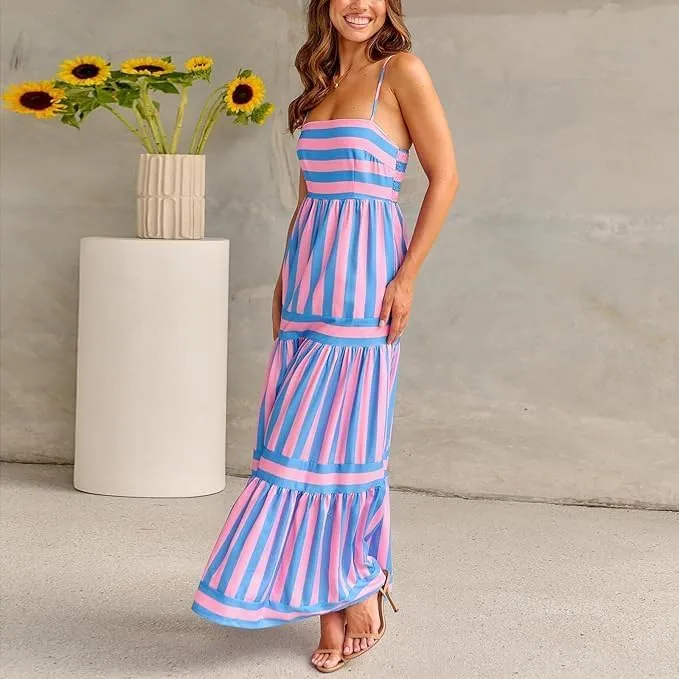 Women Striped Sleeveless Maxi Dress Spaghetti Strap Cutout Backless Long Flowy Dress Boho A Line Beach Sun Dress
