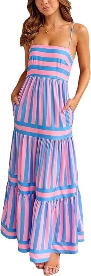 Women Striped Sleeveless Maxi Dress Spaghetti Strap Cutout Backless Long Flowy Dress Boho A Line Beach Sun Dress